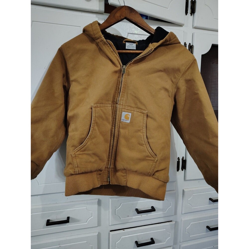 Carhartt Youth Medium 10-12 Brown Heavy Canvas Hooded Lined Coat Jacket